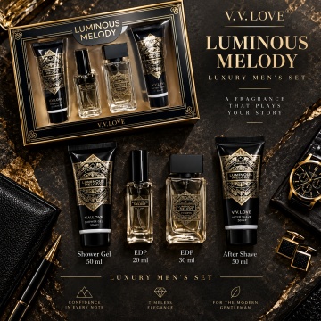 Set Cadou Bărbați V.V. Love Luminous Melody 4 Piese, 2 x Eau de Parfum 20 ml + 30 ml, After Shave 50 ml și Shower Gel 50 ml, 150 ml - Img 6