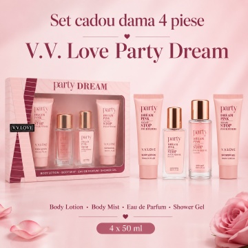 Set Cadou Damă V.V. Love Party Dream 4 Piese, Body Lotion, Body Mist, Eau de Parfum și Shower Gel 4x50 ml, Inspirat din Carolina Herrera 212 VIP Rosé