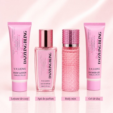 Set Cadou Damă V.V. Love Pink Shimmery Dazzling Bling 4 Piese, Body Lotion, Body Mist, Eau de Parfum și Shower Gel 4x50 ml, Inspirat din Victoria’s Secret Bombshell - Img 3