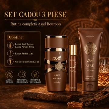 Set Cadou Lattafa Asad Bourbon 3 Piese, Eau de Parfum 100 ml + EDP 12 ml + Gel de Duș Parfumat 100 ml, Parfum Arabesc pentru Bărbați, Aromă Gourmand cu Vanilie Bourbon, Cacao, Lavandă, Ambră și Vetiver - Img 5