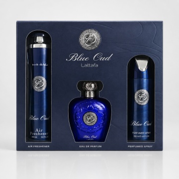 Set Cadou Lattafa Blue Oud 3 Piese, Eau de Parfum 100 ml + Spray Parfumat 200 ml + Odorizant Cameră 300 ml, Parfum Arabesc Unisex, Oud, Șofran, Mosc și Lemn de Santal - Img 6