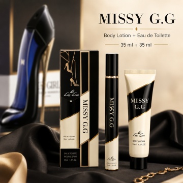 Set Missy G.G 2x35 ml, Apă de Toaletă Damă 35 ml + Body Lotion 35 ml, Aromă Dulce Florală, Cald Condimentată, Vanilată și Ambrată, Note de Migdale, Cafea, Bergamotă, Lămâie, Tuberoză, Iasomie Sambac, Floare de Portocal, Trandafir Bulgăresc, Iris, Tonka, C