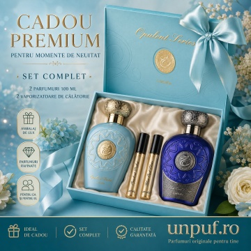 Set Parfum Lattafa Opulent Collection Dubai & Blue Oud Elixir, 2 x 100 ml Eau de Parfum Unisex, 2 mostre fiolă , cutie cadou premium, arome orientale - Img 5