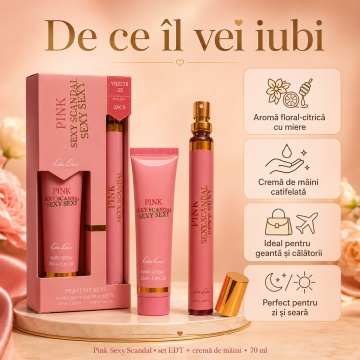 Set Parfum și Cremă de Mâini Pink Sexy Scandal Lea Luis 2x35 ml, Damă, Aromă Floral Citrică cu Miere, Note de Portocală Roșie, Mandarină, Iasomie, Gardenie, Caramel și Patchouli - Img 11