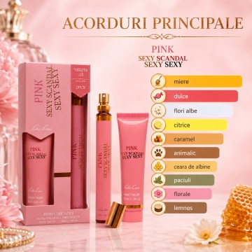 Set Pink Sexy Scandal Sexy Sexy 2x35 ml, Apă de Toaletă Damă 35 ml + Cremă de Mâini 35 ml, Aromă Dulce Florală, Gurmandă și Citrică, Note de Portocală Sângerie, Mandarină, Miere, Gardenie, Floare de Portocal, Iasomie, Piersică, Ceară de Albine, Caramel, P - Img 5