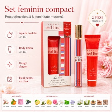 Set Tarnny Red Line 2x35 ml, Apă de Toaletă Damă 35 ml + Body Lotion 35 ml, Aromă Floral Citrică, Fructată, Fresh și Lemnoasă, Note de Floare de Măr, Mandarină, Camelie, Coacăze Negre, Lămâie, Caprifoi, Grapefruit, Trandafir, Crin, Mentă, Violetă, Magnoli - Img 2