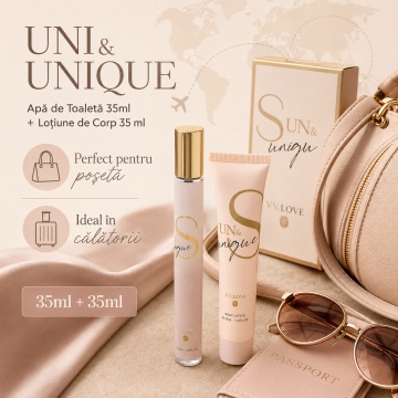 Set Uni & Unique 2x35 ml, Apă de Toaletă Damă 35 ml + Body Lotion 35 ml, Aromă Floral Fructată, Dulce, Vanilată și Moscată, Note de Citrice, Piersică, Fructul Pasiunii, Gardenie, Iasomie, Lemn de Santal, Vanilie, Ambră și Mosc - Img 4