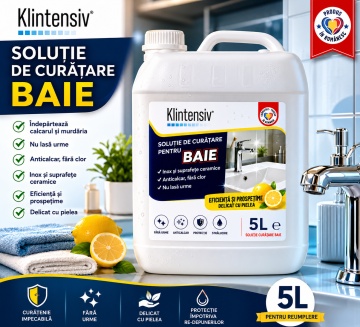Soluție curățare baie Klintensiv, anticalcar, îndepărtează urme de apă și murdărie, protecție împotriva redepunerilor, pentru gresie, faianță, ceramică, cabine duș, baterii sanitare, 5 L, 4x Stickere - Img 2