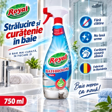 Solutie curatare baie Royal Hygiene Bathroom, Curățare Băie, Fără Clătire, Nu Lasă Urme, Curățare Ușoară Zilnică, Fabricat în România, 750 ml - Img 6