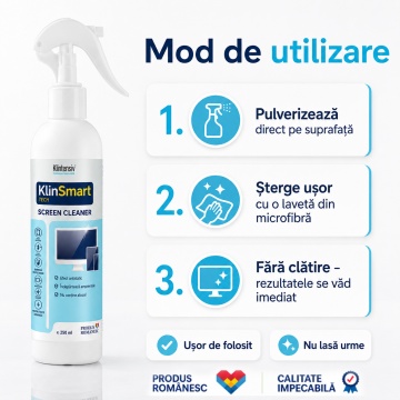 Soluție curățare ecrane Klintensiv KlinSmart Tech, efect antistatic, fără urme, protecție împotriva prafului și amprentelor, pentru monitor, laptop, tabletă, telefon, touchscreen, 250 ml, 4x Stickere - Img 3