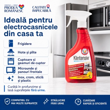 Soluție curățare electrocasnice Klintensiv, spray profesional pentru grăsime, pete și amprente, fără urme, pentru frigider, hotă, plită, cuptor, inox, crom, sticlă și plastic, 500 ml, 4x Stickere - Img 5