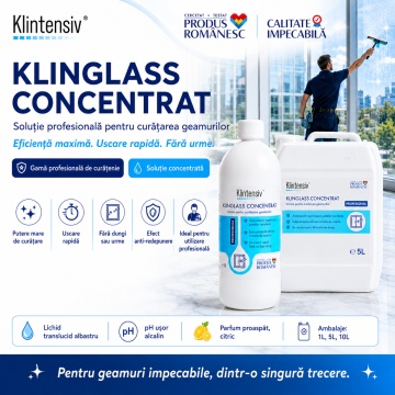 Soluție curățare geamuri Klintensiv Klinglass Concentrat, detergent profesional concentrat pentru sticlă, vitrine, ferestre, oglinzi și suprafețe lucioase, uscare rapidă, fără urme, 1 L, 4x Stickere - Img 3