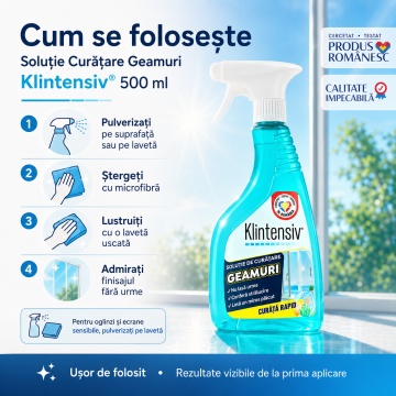 Soluție curățare geamuri Klintensiv, spray profesional pentru sticlă, oglinzi, vitrine și suprafețe lucioase, uscare rapidă, efect antistatic, fără urme, 500 ml, 4x Stickere - Img 5