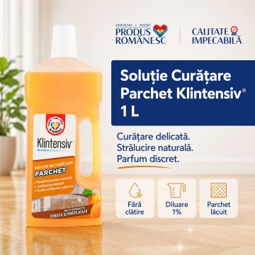 Soluție curățare parchet Klintensiv, detergent profesional pentru parchet lăcuit, protejează și redă strălucirea naturală, fără clătire, diluție 1%, parfum discret, 1 L, 4x Stickere - Img 3