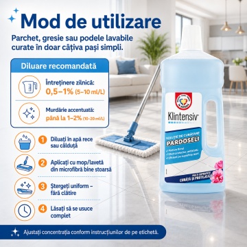 Soluție curățare pardoseli Klintensiv, detergent parfumat concentrat, fără clătire, pentru ceramică, porțelan, marmură, granit, piatră naturală, mozaic, linoleum, PVC și laminate lavabile, 1 L, 4x Stickere - Img 3