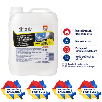 Soluție curățare plită vitroceramică Klintensiv, pentru plite cu inducție și sticlă ceramică, îndepărtează grăsimea arsă și petele persistente, finisaj fără urme, protecție împotriva depunerilor, 5 L, 4x Stickere