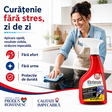 Soluție curățare plită vitroceramică Klintensiv, pentru plite cu inducție și sticlă ceramică, îndepărtează grăsimea arsă și petele persistente, finisaj fără urme, protecție împotriva depunerilor, 500 ml, 4x Stickere - Img 5