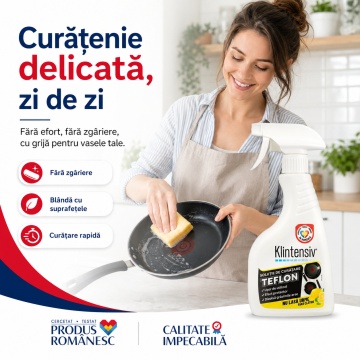 Soluție curățare teflon Klintensiv, pentru vase antiaderente, tigăi, cratițe și tăvi, curățare delicată fără zgâriere, îndepărtează grăsimea și resturile alimentare, 500 ml, 4x Stickere - Img 5