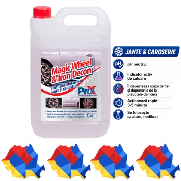 Soluție decontaminare jante și caroserie Magic Wheel & Iron Decon PRO X, fallout remover cu pH neutru, indicator activ roșu, pentru oxizi de fier și depuneri plăcuțe frână, 5 kg, 4x Stickere