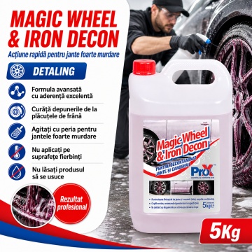Soluție decontaminare jante și caroserie Magic Wheel & Iron Decon PRO X, fallout remover cu pH neutru, indicator activ roșu, pentru oxizi de fier și depuneri plăcuțe frână, 5 kg, 4x Stickere - Img 2