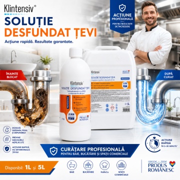 Soluție desfundat țevi Klintensiv, profesională, concentrată, pentru scurgeri, chiuvete, lavoare și dușuri, dizolvă grăsimea, părul, depunerile și mirosurile, 1 L, 4x Stickere - Img 3