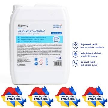 Soluție profesională curățare geamuri Klintensiv Klinglass Concentrat, detergent concentrat pentru vitrine, sticlă, ferestre, PVC, aluminiu și suprafețe lucioase, efect anti-redepunere, canistră 5 L, 4x Stickere