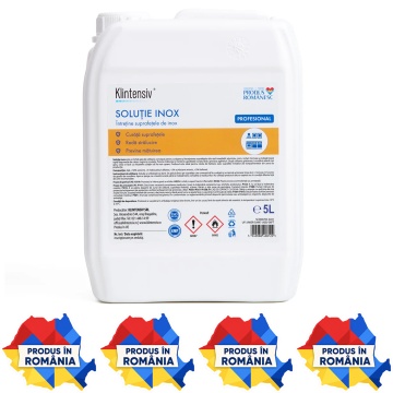 Soluție profesională curățare inox Klintensiv, pentru suprafețe metalice, echipamente HoReCa și utilaje, degresare rapidă, luciu de oglindă, biodegradabilă, canistră 5 L, 4x Stickere