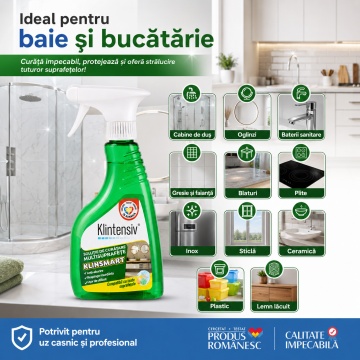 Soluție profesională de curățare Klintensiv KlinSmart, efect remanent, peliculă protectoare, anticalcar, degresant, antiaburire, baie și bucătărie, 500 ml, pulverizator, 4x Stickere - Img 6