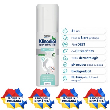 Spray repelent copii Klinodiol, anti țânțari, fără DEET, cu Citridiol 13%, protecție până la 8 ore, pH neutru, testat dermatologic, biodegradabil, 100 ml, 4x Stickere