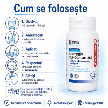Tablete dezinfectante clor active Klintensiv Klinochlor Tabs, TP4, pentru suprafețe, pavimente, veselă și ustensile, spectru larg, bactericid, fungicid, virucid, 40 tablete, 4x Stickere - Img 5