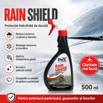 Tratament hidrofob parbriz PRO X Rain Shield, soluție anti-ploaie pentru exterior geamuri auto, parbriz, oglinzi, lunetă și faruri, efect repelent apă, vizibilitate îmbunătățită, 500 ml, 4x Stickere - Img 6