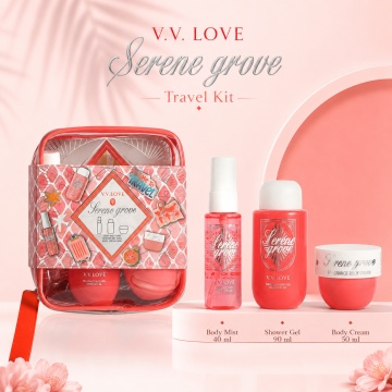 Travel Kit V.V. Love Serene Grove, Set Damă cu Body Mist 40 ml, Shower Gel 90 ml și Body Cream 50 ml