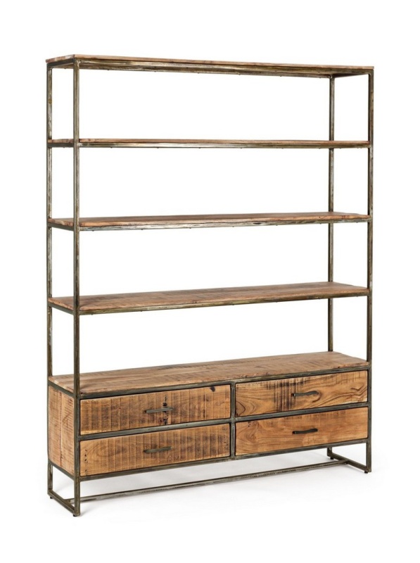 Bibliotecă Elmer cu 4 rafturi și 4 sertare din lemn masiv maro 190 cm