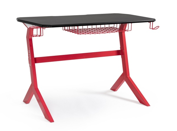 Birou de gaming, cu cadru metalic și blat cu efect de fibră de carbon, roșu și negru, 118x65x76 cm