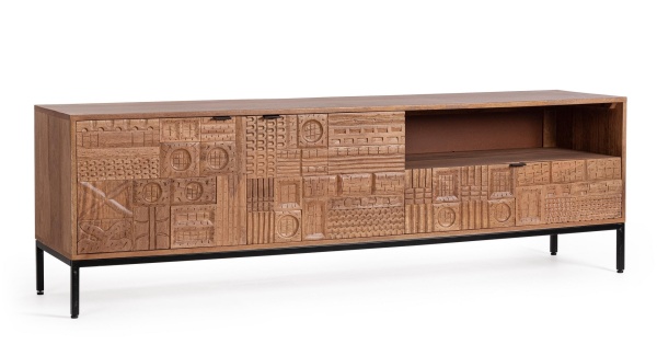 Comodă TV Kindia, cu 2 uși și 1 sertar, lucrată manual, din lemn masiv de mango și oțel, 180x42x55 cm
