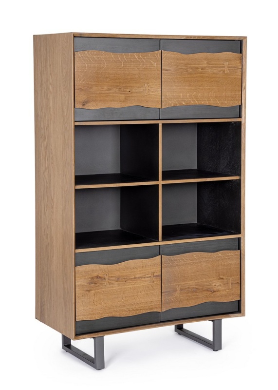Dulap living Garwood, 4 uși, din MDF furniruit stejar și oțel, cu închidere amortizată, finisaj natural, 90x42x150 cm