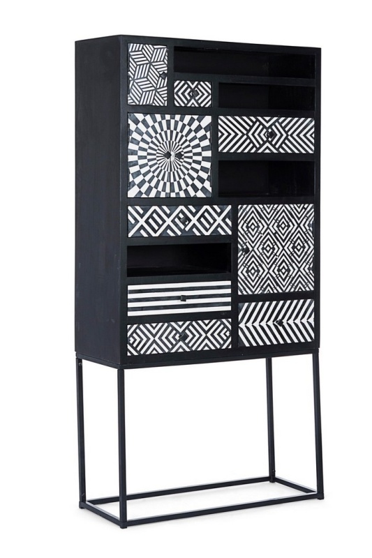 Dulap living Janesh, 4 uși, 6 sertare, cu mozaic din rășină, lemn de mango, 90x35x180 cm