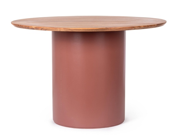 Masă Ojas, rotundă, fixă, pentru 4 persoane, din lemn masiv de salcâm și MDF, teracotă, diametru 115 cm