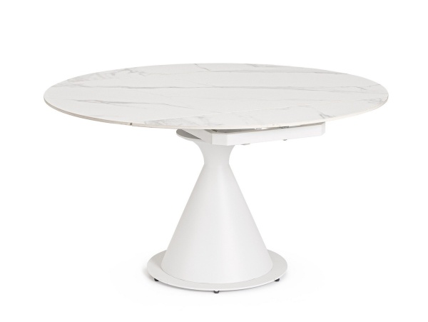 Masă rotundă extensibilă Jonni, 6 persoane, blat din gresie porțelanată cu efect de marmură, picioare din oțel, albă, 85 - 135 cm