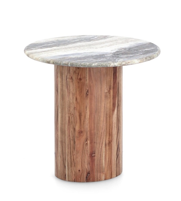 Măsuță de cafea Eloy, rotundă, cu blat din marmură și bază din lemn de salcâm, finisaj natural, diametru 45 cm, înălțime 44 cm