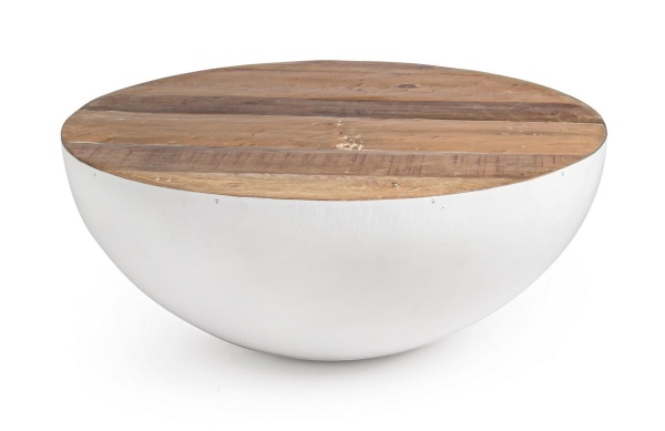 Măsuță de cafea Lancaster, rotundă, diametru 90 cm, din lemn reciclat și oțel, alb, 90x38 cm