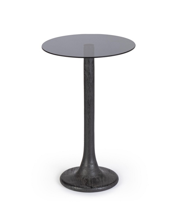 Măsuță de cafea rotundă Aberdeen, cu picioare din lemn de mango și blat din sticlă afumată, negru, diametru 35 cm, înălțime 55 cm