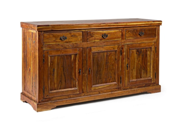 Servanta Chateaux, cu 3 uși și 3 sertare, din lemn masiv de acacia, finisaj rustic antichizat, 160x50x90 cm
