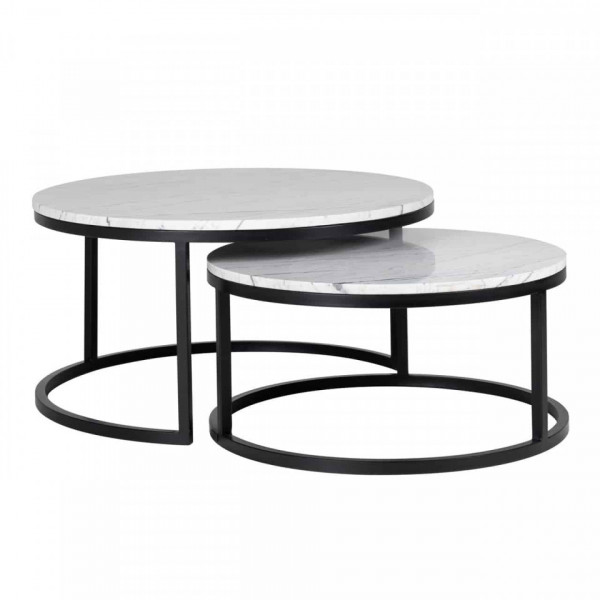 Set 2 masute de cafea rotunde din marmura si metal Lexington 46x91,5x91,5 cm albe