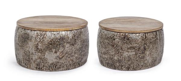 Set 2 măsuțe de cafea rotunde Kalindi, din lemn de mango și metal