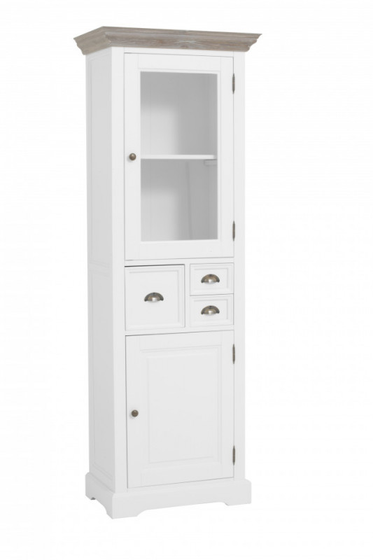 Vitrina din pin, 2 usi si 3 sertare, alba