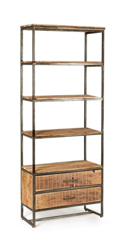 Bibliotecă Elmer cu 4 rafturi și 2 sertare din lemn masiv maro 190 cm