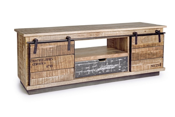 Comodă TV joasă Tudor, 130 cm, cu 2 uși și 1 sertar, din lemn de mango cu bază din oțel, finisaj nitrocelulozic, 130x40x50 cm