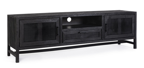 Comodă TV Weston, 180 cm, 2 uși și 1 sertar, din lemn de mango cu inserții din ratan, 180x40x55 cm