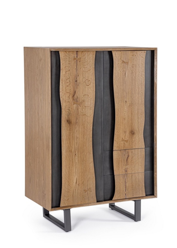 Dulap living Garwood, 2 uși și 2 sertare, din MDF furniruit stejar și oțel, cu închidere amortizată, finisaj natural, 80x42x120 cm